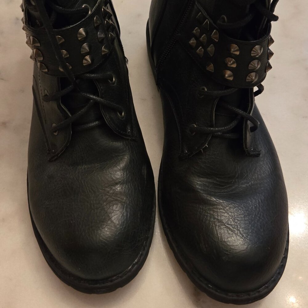 Black Studded Combat Boots with Buckle Detail